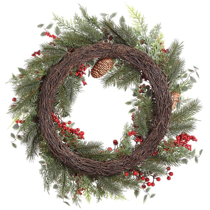 22" Artificial Holly, Berry, Pinecone & Pine Wreath -Green/Red - XDW417-GR/RE