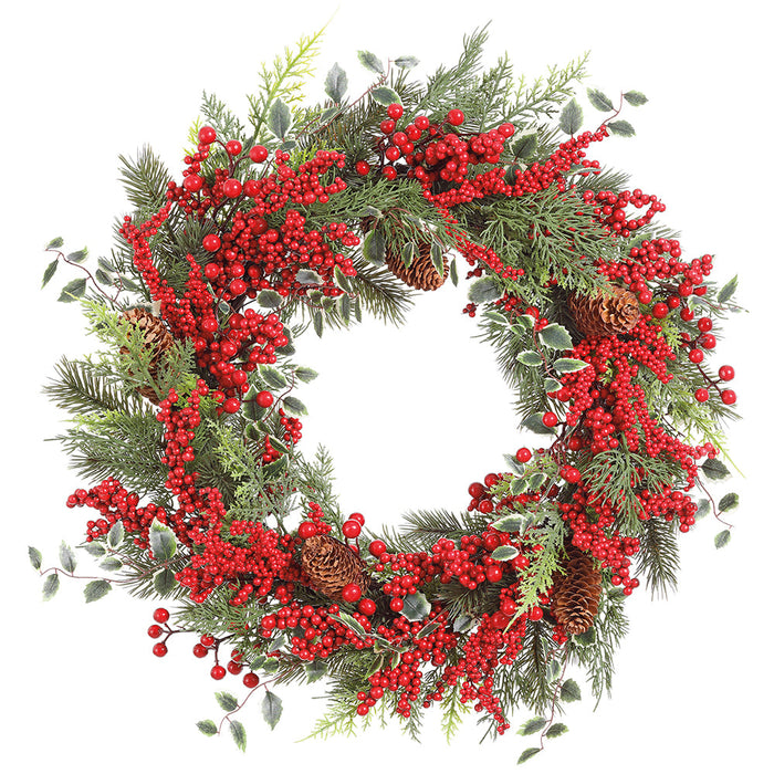 22" Artificial Holly, Berry, Pinecone & Pine Wreath -Green/Red - XDW417-GR/RE