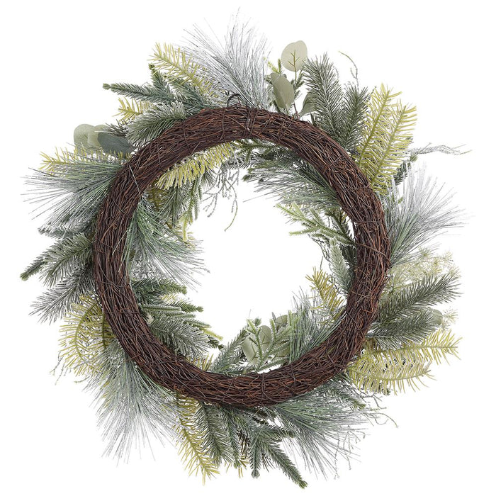 22" Flocked Artificial Queen Anne's Lace, Thistle & Pine Wreath -Green/White - XDW419-GR/WH