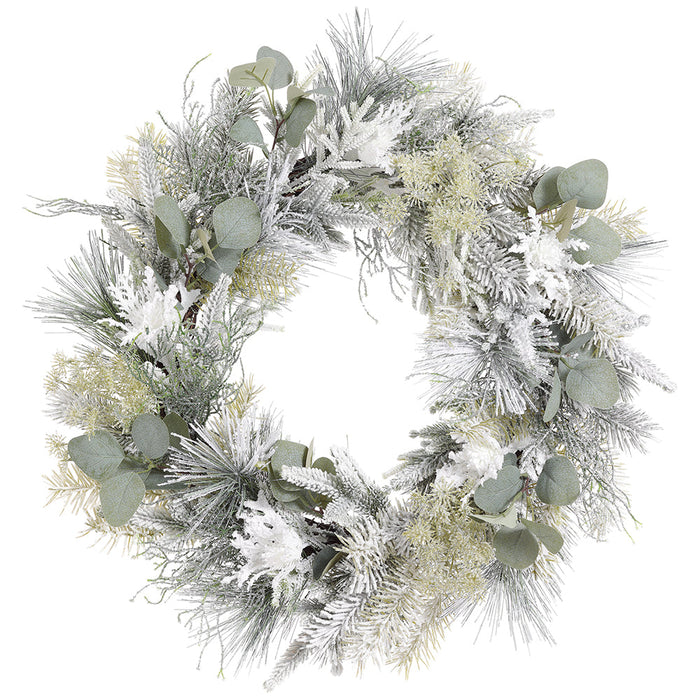 22" Flocked Artificial Queen Anne's Lace, Thistle & Pine Wreath -Green/White - XDW419-GR/WH