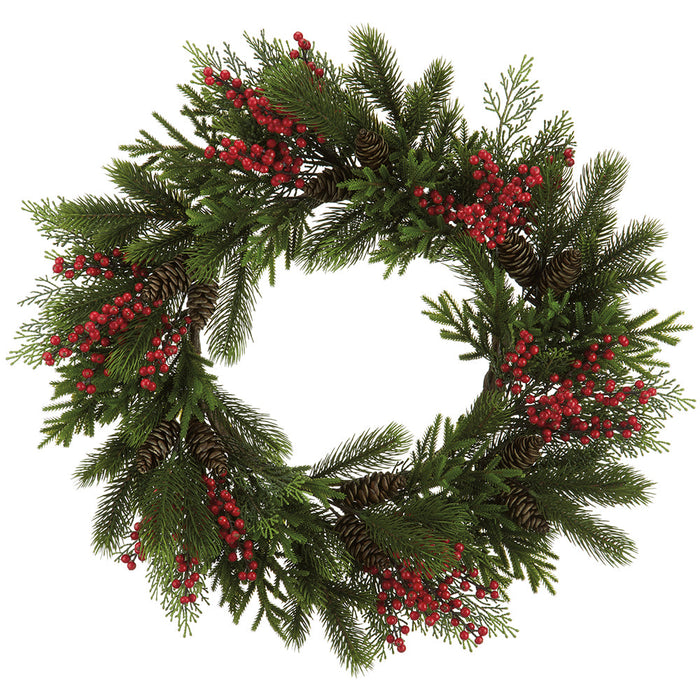 24" Berry, Pinecone & Mixed Pine Hanging Artificial Wreath -Green/Red (Pack of 2) - XDW463-GR/RE