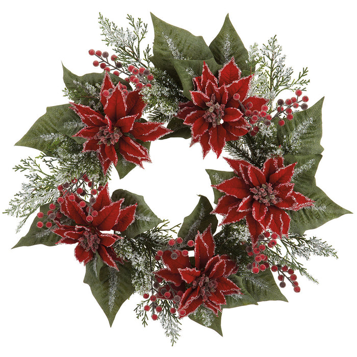 24" Iced Artificial Poinsettia Flower, Berry, Pinecone & Pine Wreath -Red (Pack of 2) - XDW493-RE