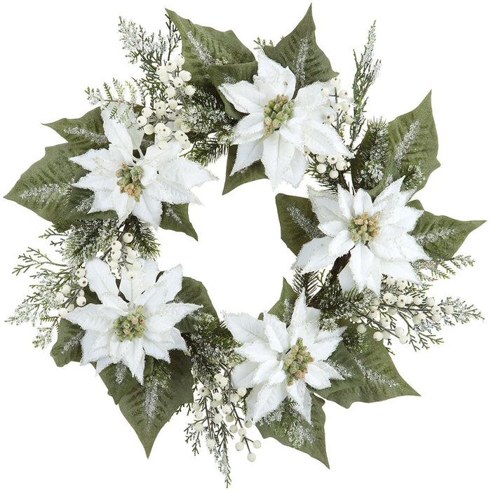 24" Iced Artificial Poinsettia Flower, Berry, Pinecone & Pine Wreath -White (Pack of 2) - XDW493-WH