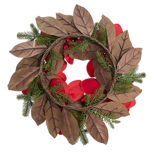 24" Velvet Magnolia Flower, Berry & Pine Artificial Hanging Wreath -Red (pack of 2) - XDW506-RE