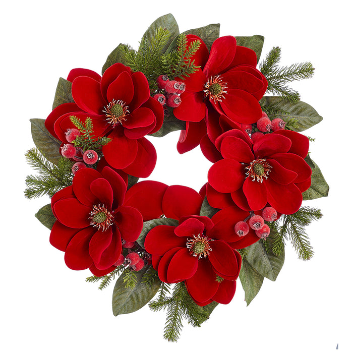 24" Velvet Magnolia Flower, Berry & Pine Artificial Hanging Wreath -Red (pack of 2) - XDW506-RE