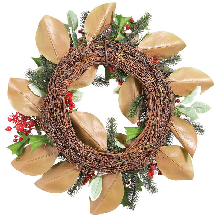 22" Artificial Holly Leaf, Berry & Pine Wreath -Red/Green (Pack of 4) - XDW507-RE/GR