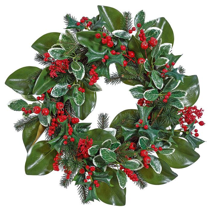 22" Artificial Holly Leaf, Berry & Pine Wreath -Red/Green (Pack of 4) - XDW507-RE/GR