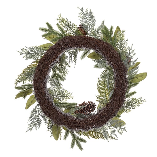 24" Snowed Pinecone, Fern & Pine Artificial Hanging Wreath -White/Green - XDW509-WH/GR