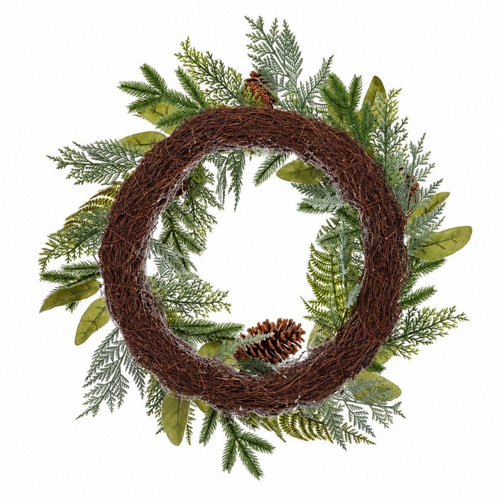 24" Flocked Pinecone, Fern & Pine Artificial Wreath -White/Green - XDW509-WH/GR
