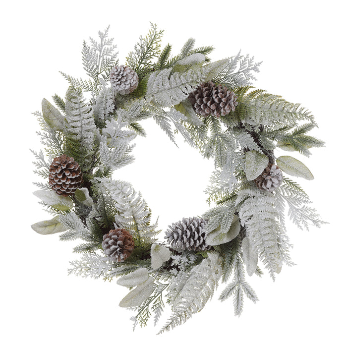 24" Snowed Pinecone, Fern & Pine Artificial Hanging Wreath -White/Green - XDW509-WH/GR