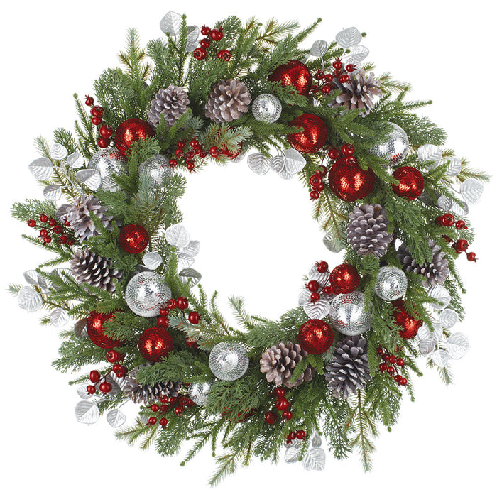 32" Artificial Sequin Ball, Berry, Pinecone & Pine Wreath -Red/Silver (Pack of 2) - XDW517-RE/SI