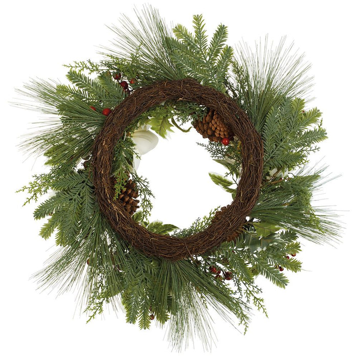 26" Artificial Magnolia Flower, Berry, Holly & Pine Wreath -White/Red (Pack of 6) - XDW519-WH/RE