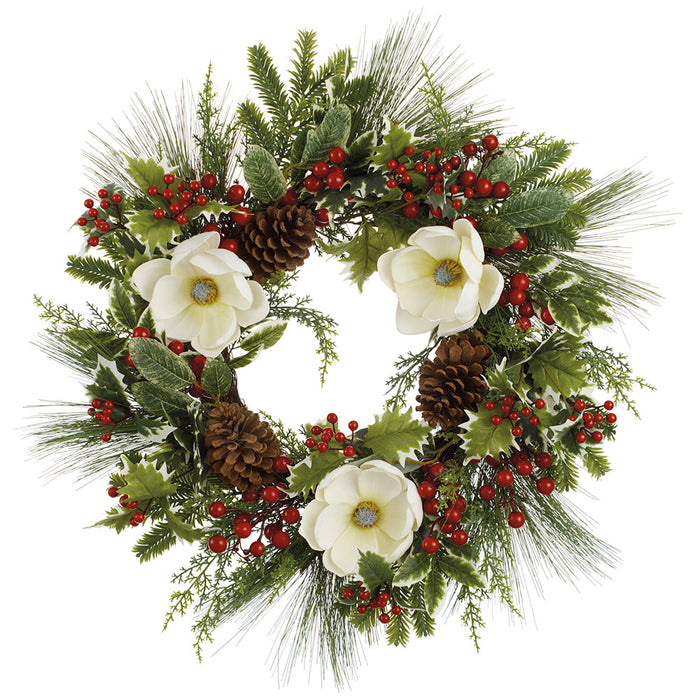 26" Artificial Magnolia Flower, Berry, Holly & Pine Wreath -White/Red (Pack of 6) - XDW519-WH/RE