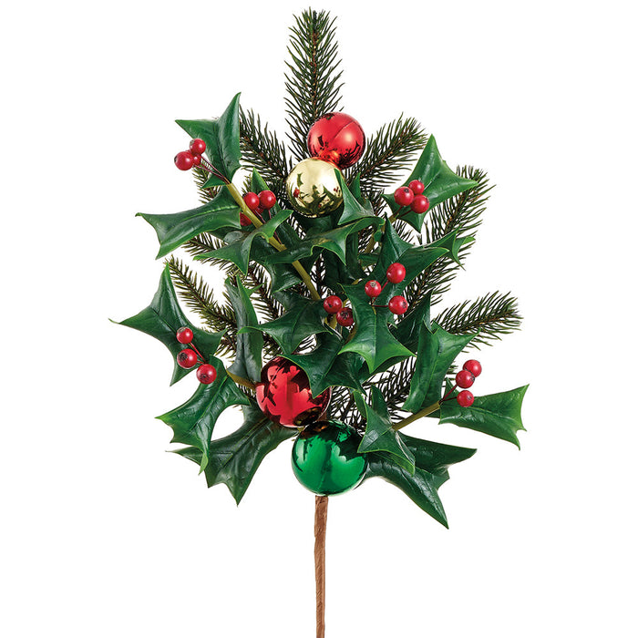 18" Artificial Holly Leaf, Ball & Pine Stem -Mixed Green (Pack of 12) - XDW522-MX/GR