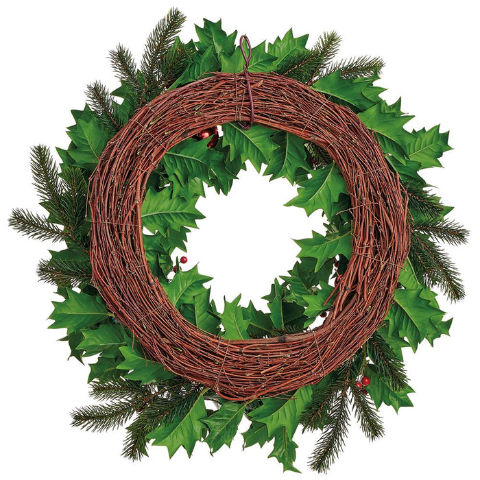 24" Artificial Holly Leaf, Ball & Pine Wreath -Mixed Green (Pack of 4) - XDW538-MX/GR