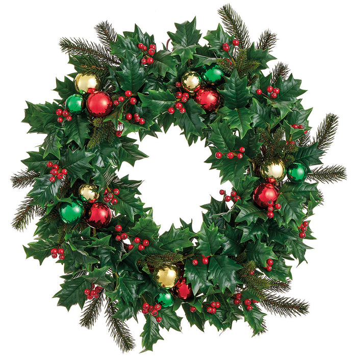 24" Artificial Holly Leaf, Ball & Pine Wreath -Mixed Green (Pack of 4) - XDW538-MX/GR
