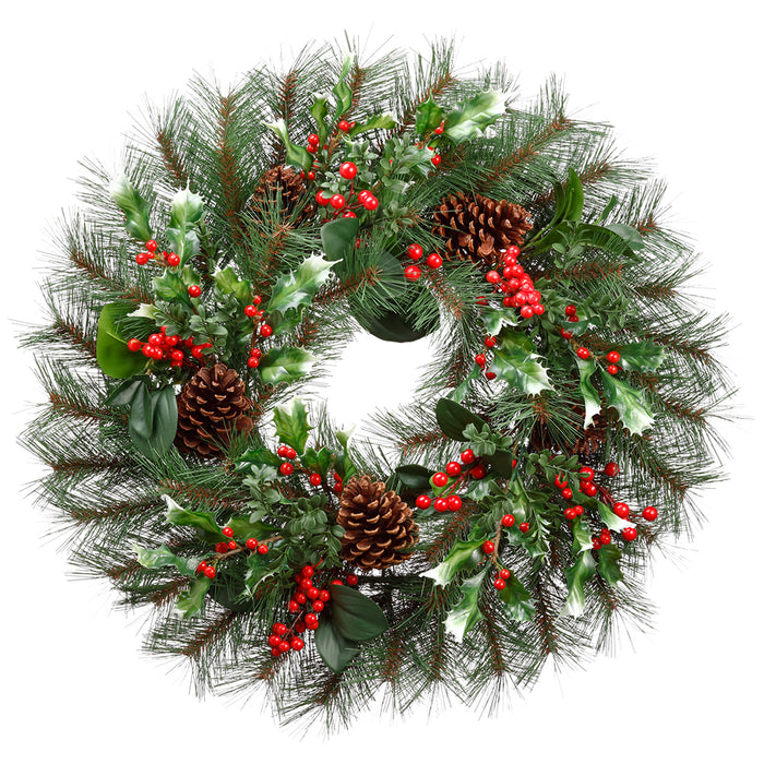 24" Artificial Holly, Berry, Pinecone & Pine Wreath -Red/Brown (Pack of 2) - XDW550-RE/BR