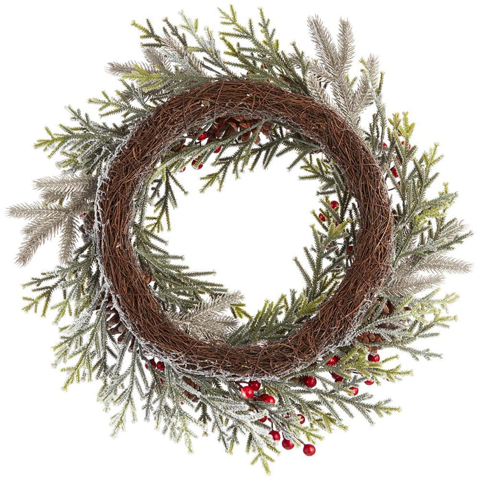 24" Artificial Glittered Berry, Pinecone & Pine Wreath -Red/Green - XDW565-RE/GR