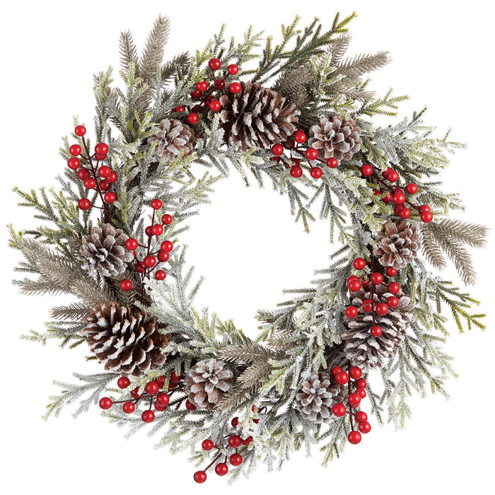 24" Artificial Glittered Berry, Pinecone & Pine Wreath -Red/Green - XDW565-RE/GR