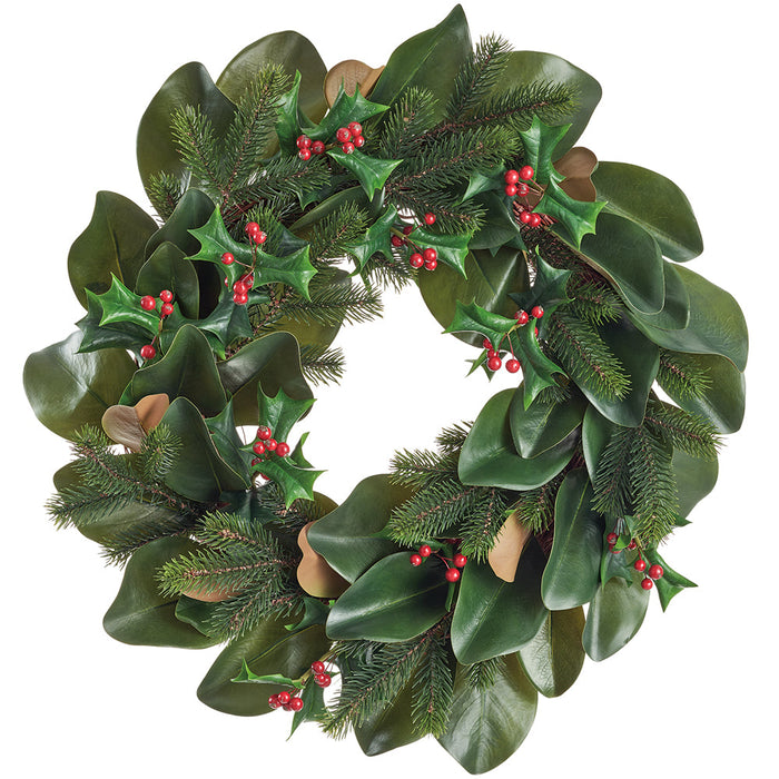 26" Artificial Magnolia Leaf, Holly & Pine Wreath -Green/Red (Pack of 2) - XDW570-GR/RE