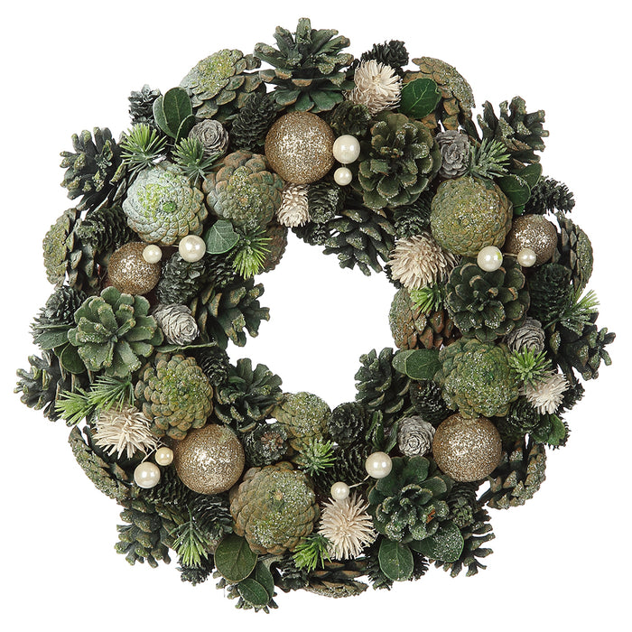 13.3" Artificial Pinecone, Ornament Ball & Pine Hanging Wreath -Green/Champagne (pack of 6) - XDW607-GR/CN