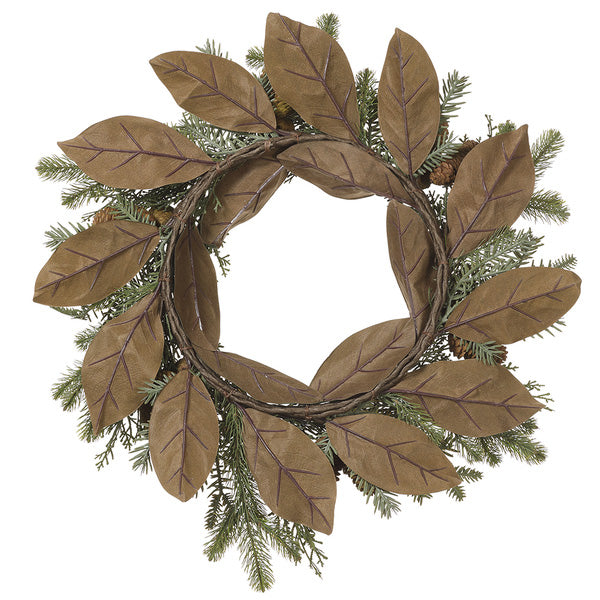 24" Artificial Pinecone, Magnolia Leaf & Pine Wreath -Green/Brown (Pack of 2) - XDW614-GR/BR