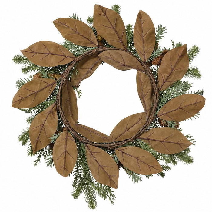 24" Artificial Pinecone, Magnolia Leaf & Pine Wreath -Green/Brown (Pack of 2) - XDW614-GR/BR