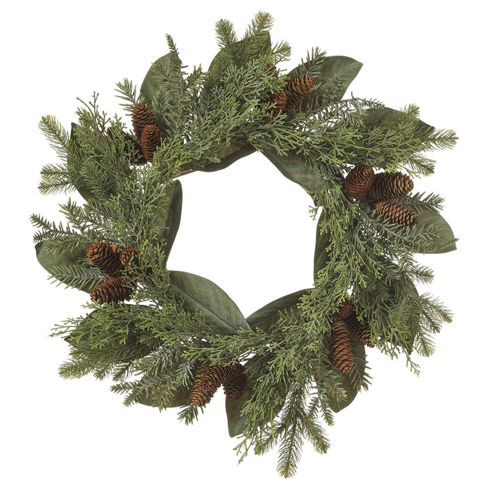 24" Artificial Pinecone, Magnolia Leaf & Pine Wreath -Green/Brown (Pack of 2) - XDW614-GR/BR