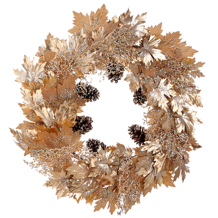 30" Glittered Metallic Artificial Maple Leaf, Pinecone & Twig Wreath -Gold/Brown (Pack of 2) - XDW622-GO/BR