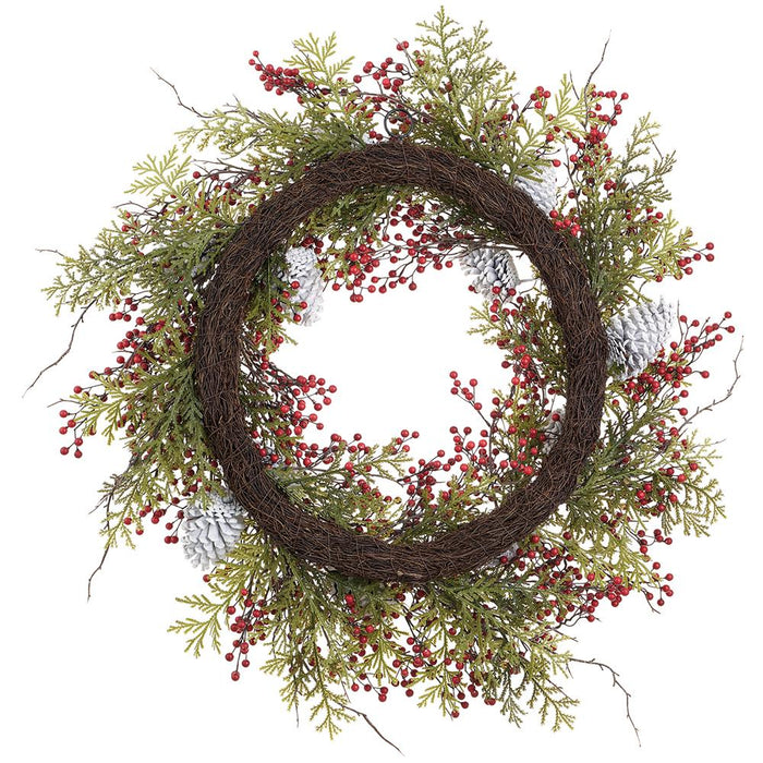 36" Artificial Berry, Pinecone & Cedar Wreath -Red/White - XDW628-RE/WH