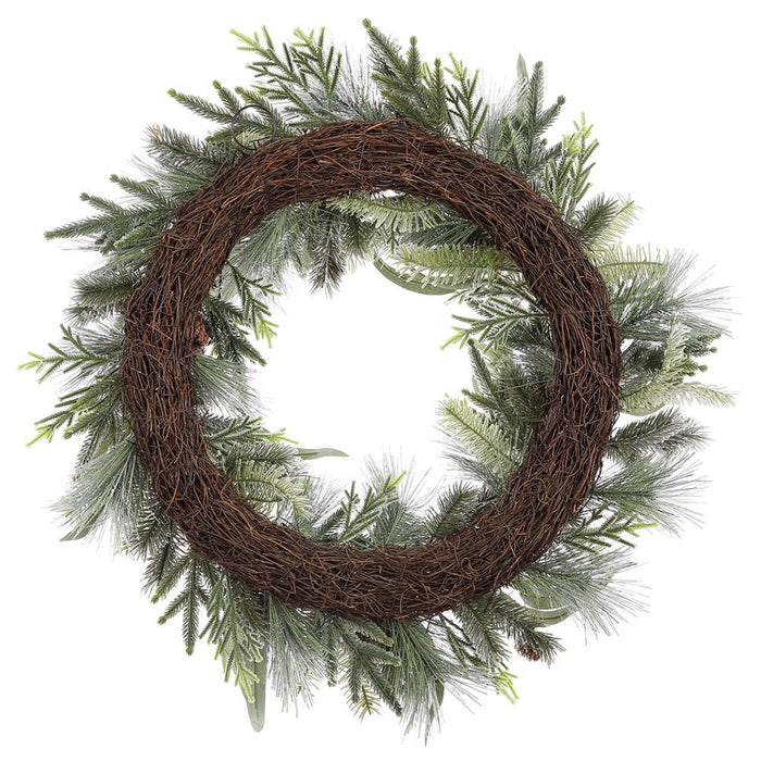 30" Flocked Artificial Pinecone, Eucalyptus Leaf & Pine Wreath -White/Green - XDW648-WH/GR