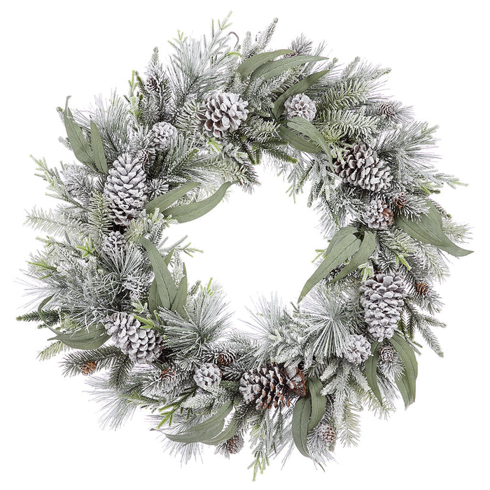 30" Flocked Artificial Pinecone, Eucalyptus Leaf & Pine Wreath -White/Green - XDW648-WH/GR