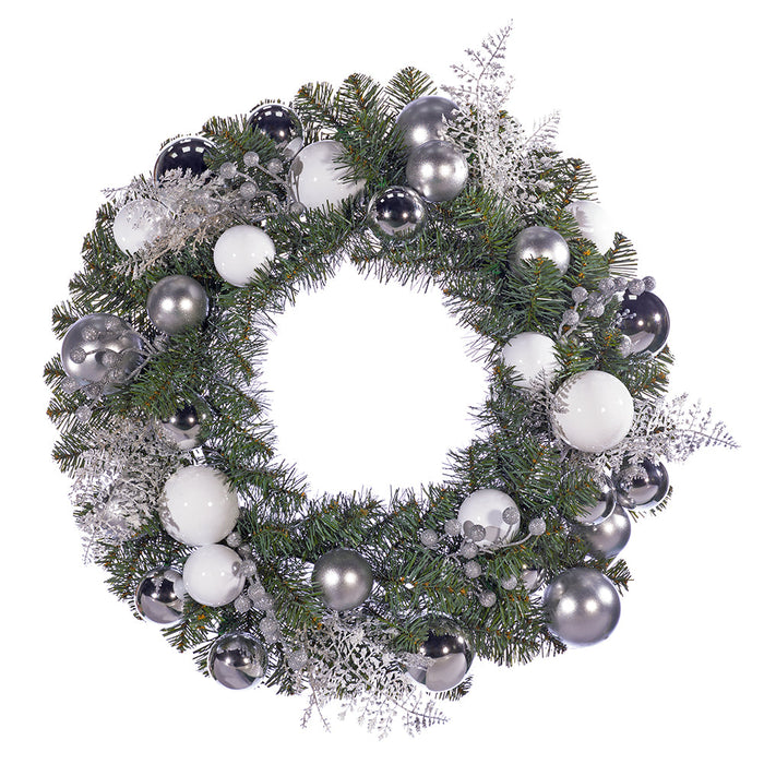 24" Glittered Artificial Ball, Berry, Fern & Pine Wreath -Silver/White (Pack of 2) - XDW808-SI/WH