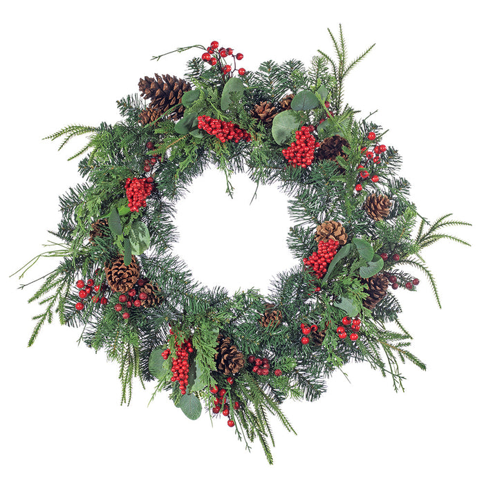 24" Artificial Berry, Eucalyptus Leaf, Pinecone & Pine Wreath -Red/Green (Pack of 2) - XDW814-RE/GR