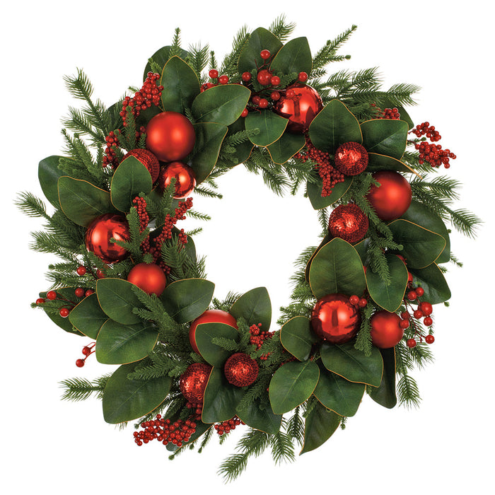 26" Artificial Ornament Ball, Berry, Magnolia Leaf & Pine Wreath -Red/Green (Pack of 4) - XDW827-RE/GR