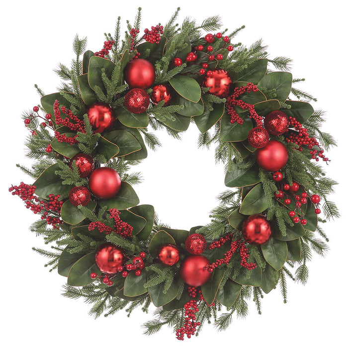 32" Artificial Ornament Ball, Berry, Magnolia Leaf & Pine Wreath -Red/Green (Pack of 2) - XDW828-RE/GR
