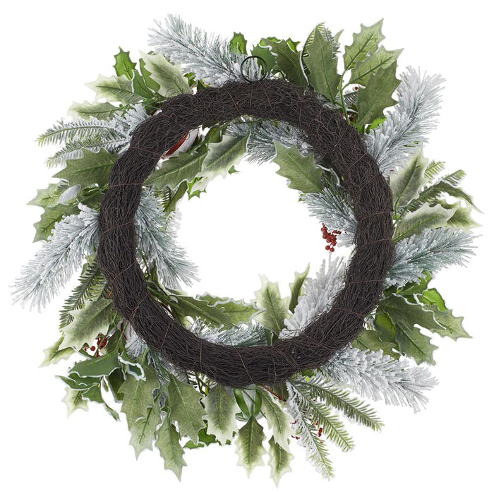 24" Flocked Artificial Holly Leaf, Ball & Pine Wreath -Green/Red (Pack of 4) - XDW829-GR/RE