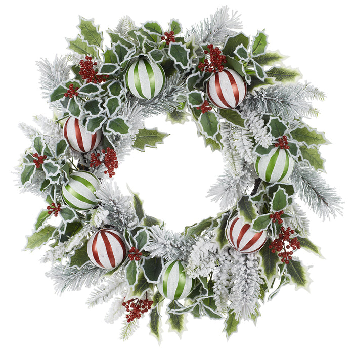 24" Flocked Artificial Holly Leaf, Ball & Pine Wreath -Green/Red (Pack of 4) - XDW829-GR/RE