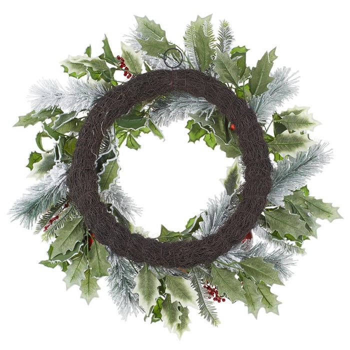 24" Flocked Artificial Holly Leaf, Ball & Pine Wreath -Red/Green (Pack of 4) - XDW836-RE/GR