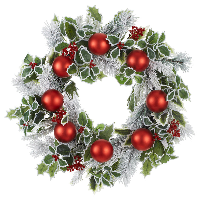 24" Flocked Artificial Holly Leaf, Ball & Pine Wreath -Red/Green (Pack of 4) - XDW836-RE/GR