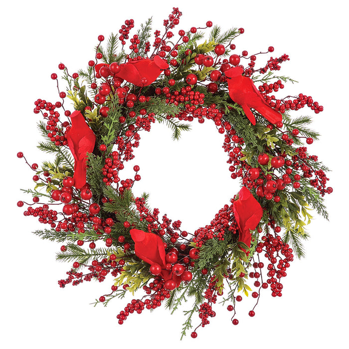 24" Artificial Cardinal, Berry & Pine Wreath -Red/Green (Pack of 4) - XDW844-RE/GR