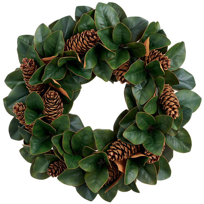 26" Artificial Magnolia Leaf & Pinecone Wreath -Green/Brown (Pack of 4) - XDW911-GR/BR