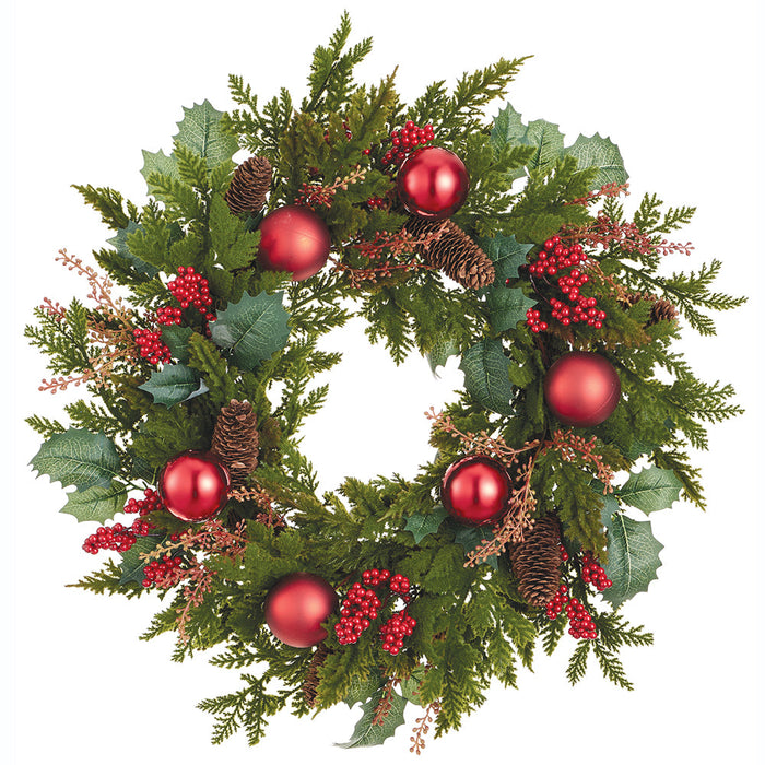 24" Artificial Ball, Berry & Pinecone Wreath -Red/Green (Pack of 4) - XDW985-RE/GR