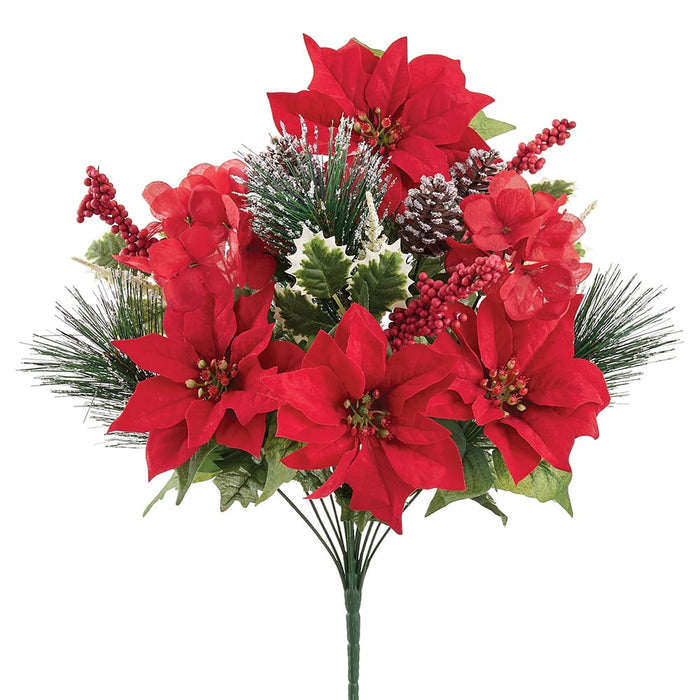 20" Mixed Poinsettia, Hydrangea & Berry Artificial Flower Bush -Red (Pack of 12) - XFB007-RE