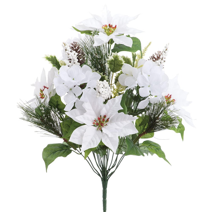 20" Mixed Poinsettia, Hydrangea & Berry Artificial Flower Bush -White (Pack of 12) - XFB007-WH