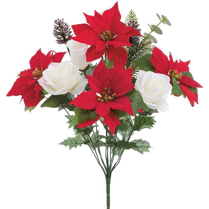 18" Mixed Poinsettia, Rose & Pinecone Artificial Flower Bush -Red/White (Pack of 12) - XFB009-RE/WH