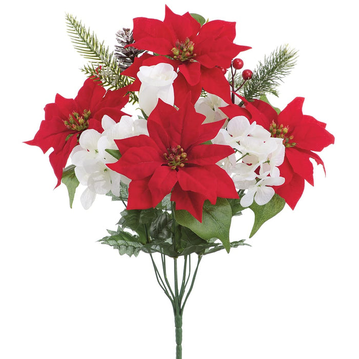 18" Mixed Poinsettia, Hydrangea & Berry Artificial Flower Bush -Red/White (Pack of 12) - XFB010-RE/WH