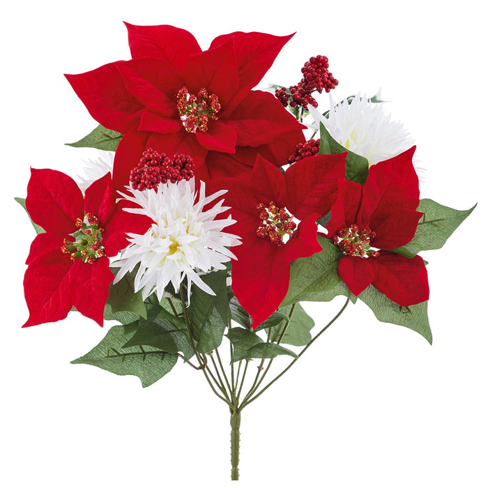 17" Mixed Poinsettia, Mum & Berry Silk Flower Bush -Red/White (Pack of 12) - XFB602-RE/WH
