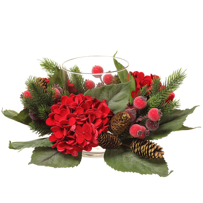 18"Wx4"H Artificial Hydrangea, Pinecone & Berry Candle Ring Holder w/Glass -Red (pack of 2) - XFC015-RE