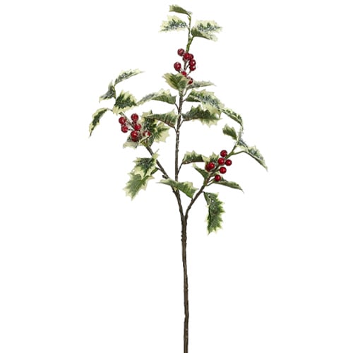 26 Artificial Holly Leaf & Berry Stem -Green